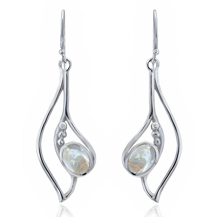 The Iris Earrings by Gallardo & Blaine Designs feature an abstract silver and gold dangle design with round iridescent gemstones, suspended from simple hooks—available in various gemstone options.