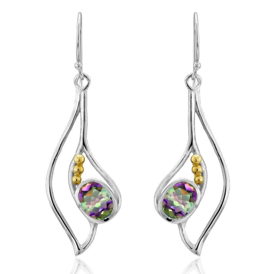 Introducing Gallardo & Blaine Designs’ Iris Earrings—dangle earrings with curved silver and gold frames, gold bead accents, and multicolored oval faceted gemstones set near the bottom.