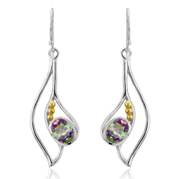 Introducing Gallardo & Blaine Designs’ Iris Earrings—dangle earrings with curved silver and gold frames, gold bead accents, and multicolored oval faceted gemstones set near the bottom.