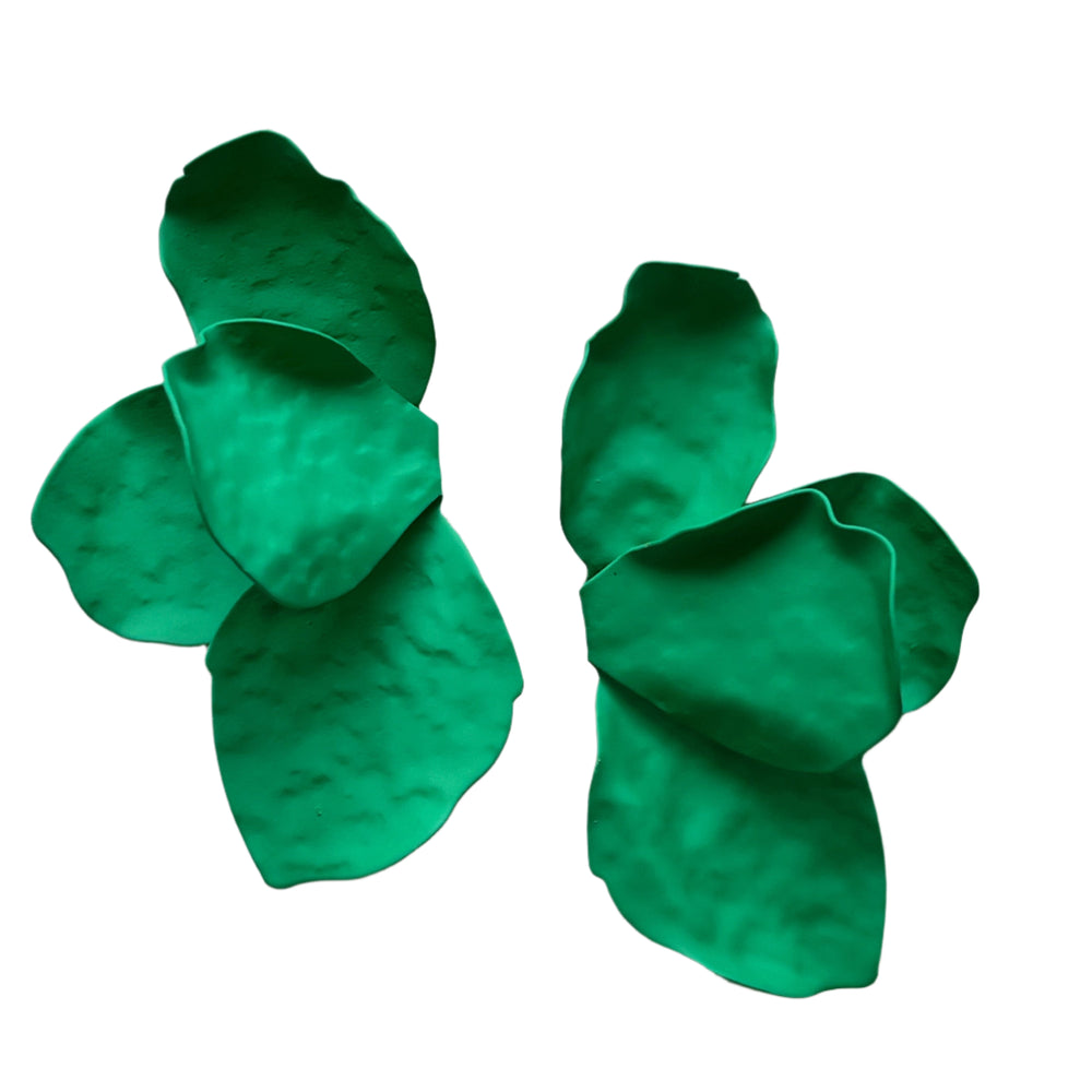 Kybalion Jewellery's Bougainvillea Earrings, crafted in vibrant green petal shapes, form delicate flower clusters on a white backdrop. These handmade pieces boast a slightly textured surface, and artistry meets elegance with the assurance of being nickel-free.