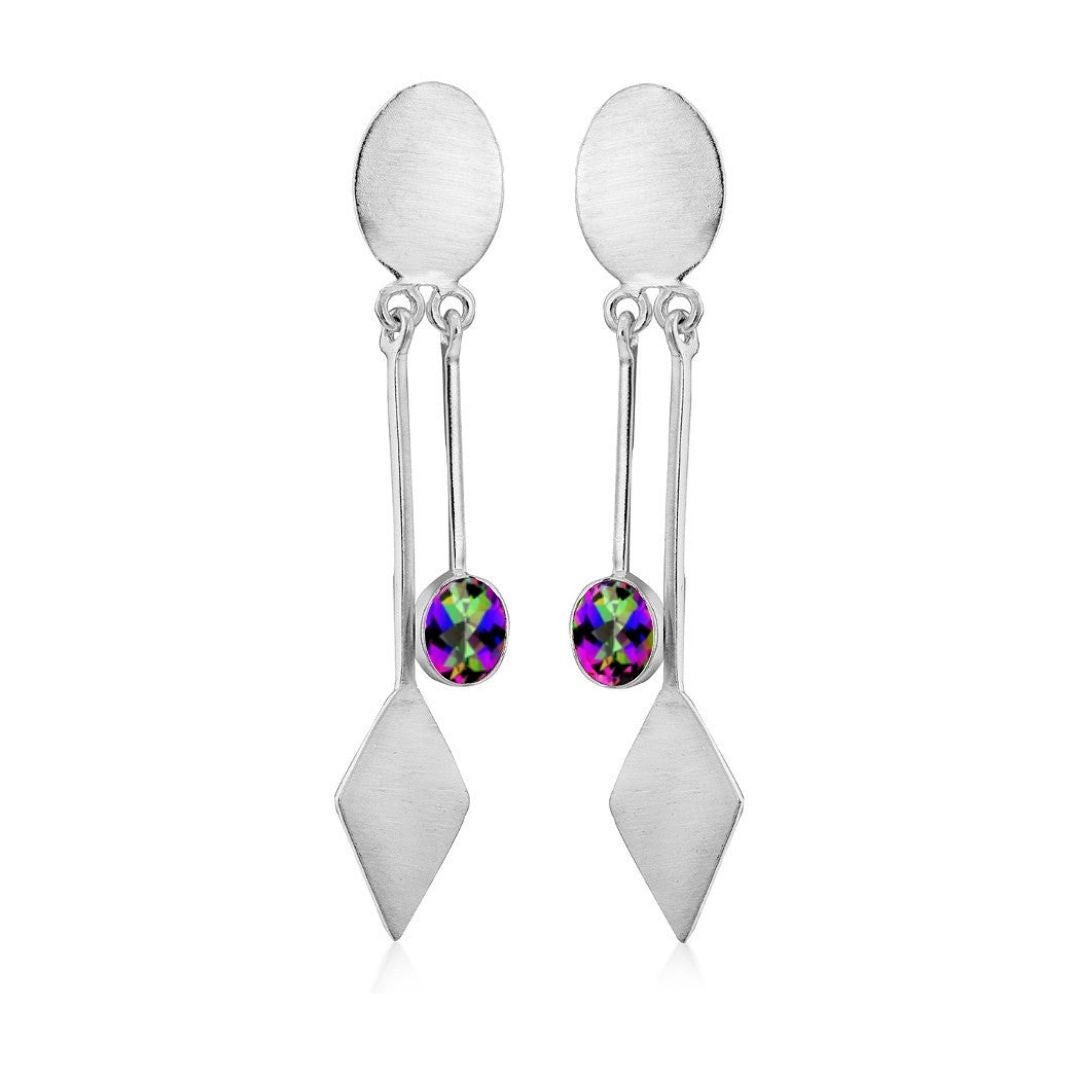 Experience modern elegance with Gallardo & Blaine's Karo Earrings: Stunning silver dangles with oval tops, vertical bars, and multicolored gemstones on diamond-shaped pendants.