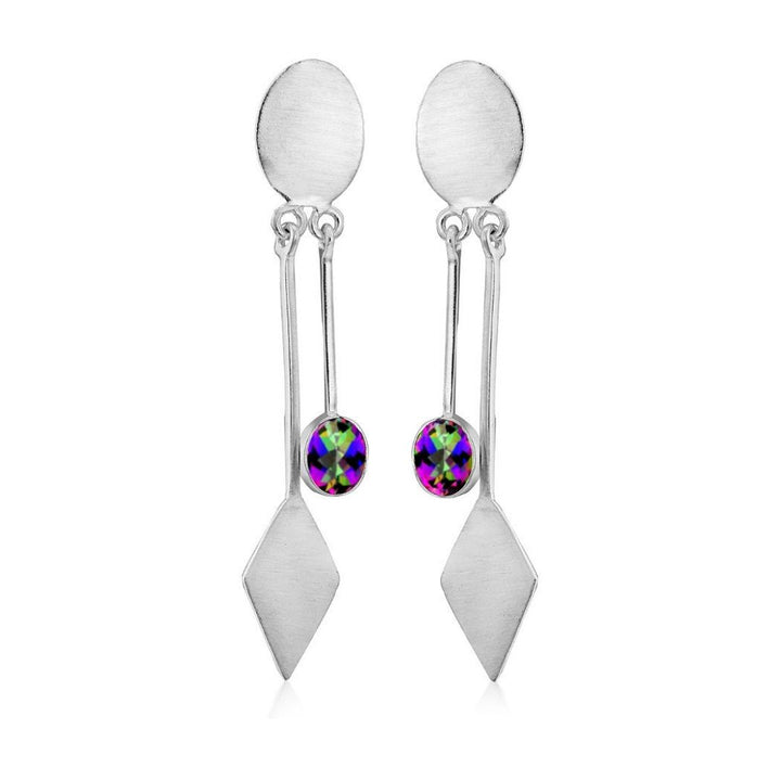 Experience modern elegance with Gallardo & Blaine's Karo Earrings: Stunning silver dangles with oval tops, vertical bars, and multicolored gemstones on diamond-shaped pendants.