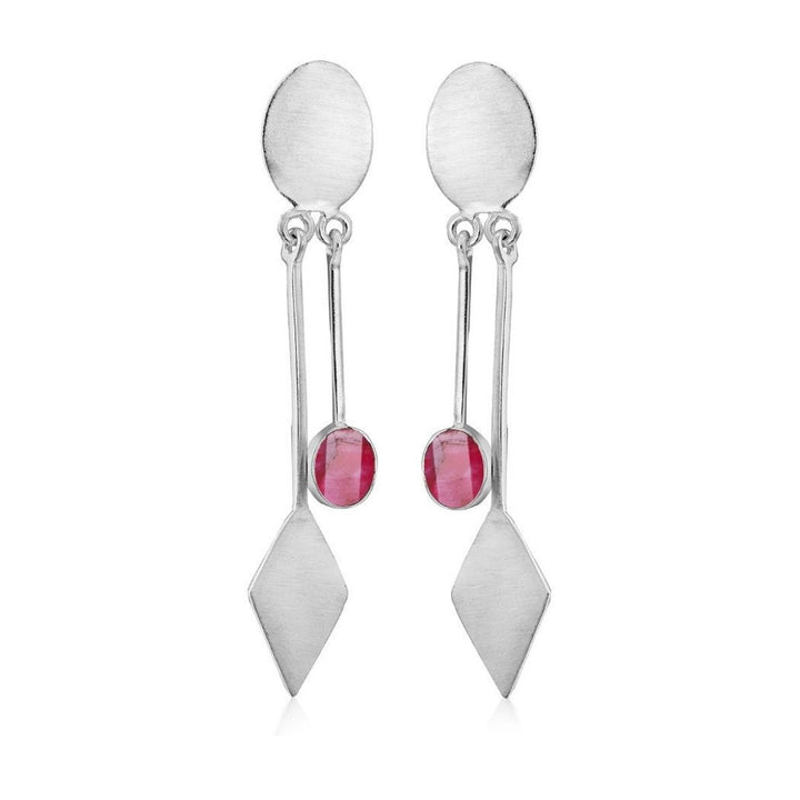 Discover the Karo Earrings by Gallardo & Blaine Designs, where modern elegance meets unique design. These silver dangle drops feature oval tops, rectangular bars with centrally set small round red gemstones, and diamond-shaped bottom pieces. Available in various gemstones.