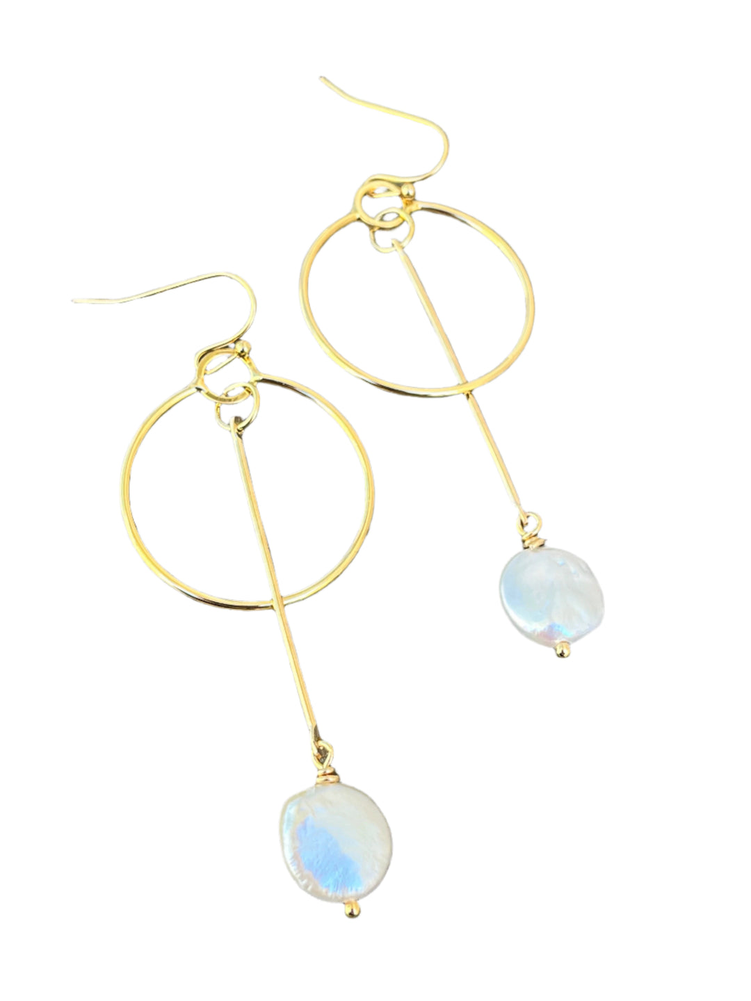 The Kea Earrings with Freshwater Pearl Drops by Kybalion Jewellery are gold plated hoops with a vertical bar and iridescent pearl, inspired by handmade Dublin jewelry and shown on a white background.