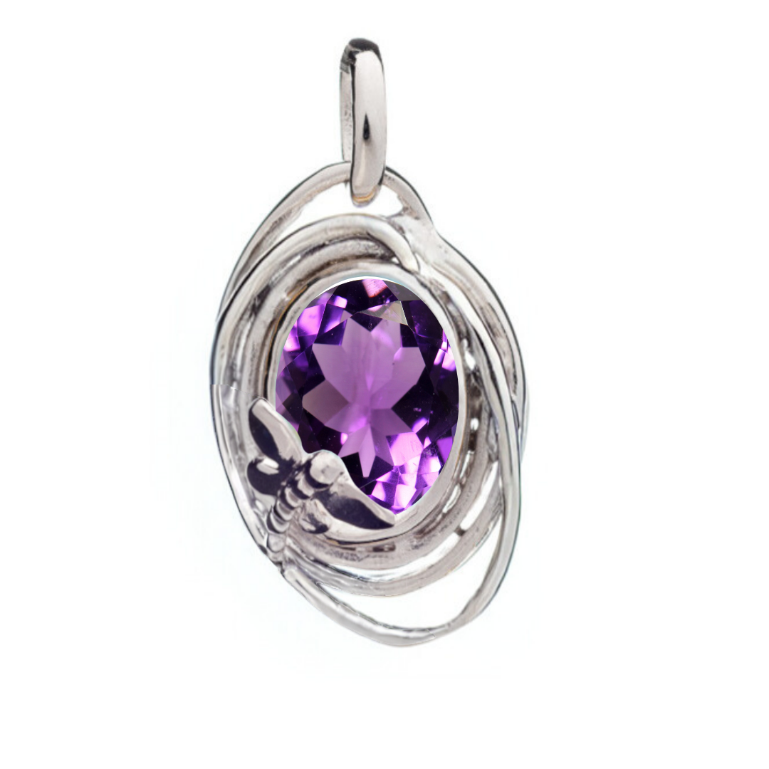The Lagoon Pendant Small by Gallardo & Blaine Designs showcases an intricate silver swirl with a round purple gemstone center and a delicate butterfly accent, echoing the elegance of their signature Lagoon design.