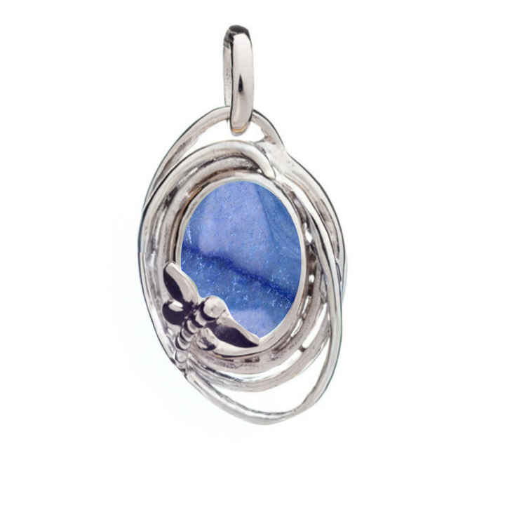 The Lagoon Pendant Small by Gallardo & Blaine Designs features a circular blue gemstone center, intricate silver wire detailing, and a delicate butterfly accent at the bottom.