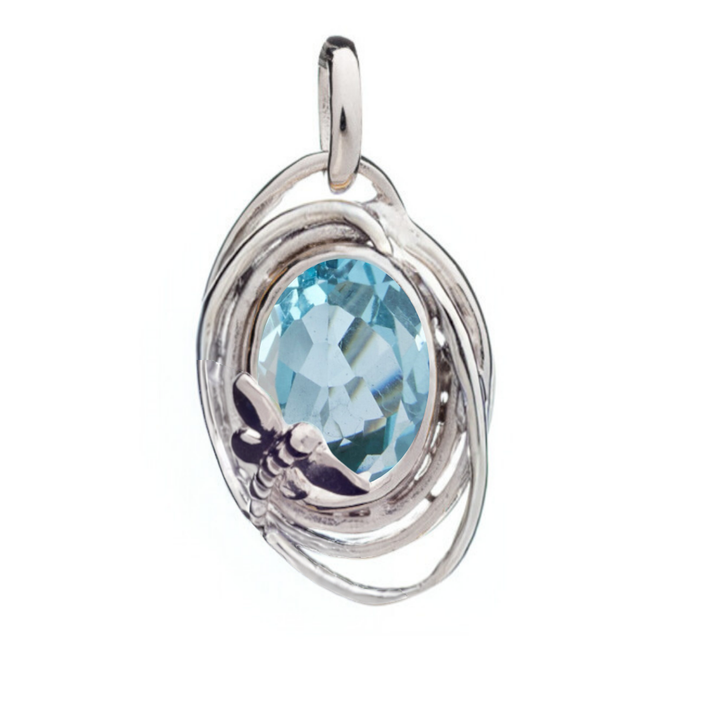 The Lagoon Pendant Small by Gallardo & Blaine Designs showcases a round faceted light blue gemstone, delicate butterfly detail, and swirling silver accents at its center.