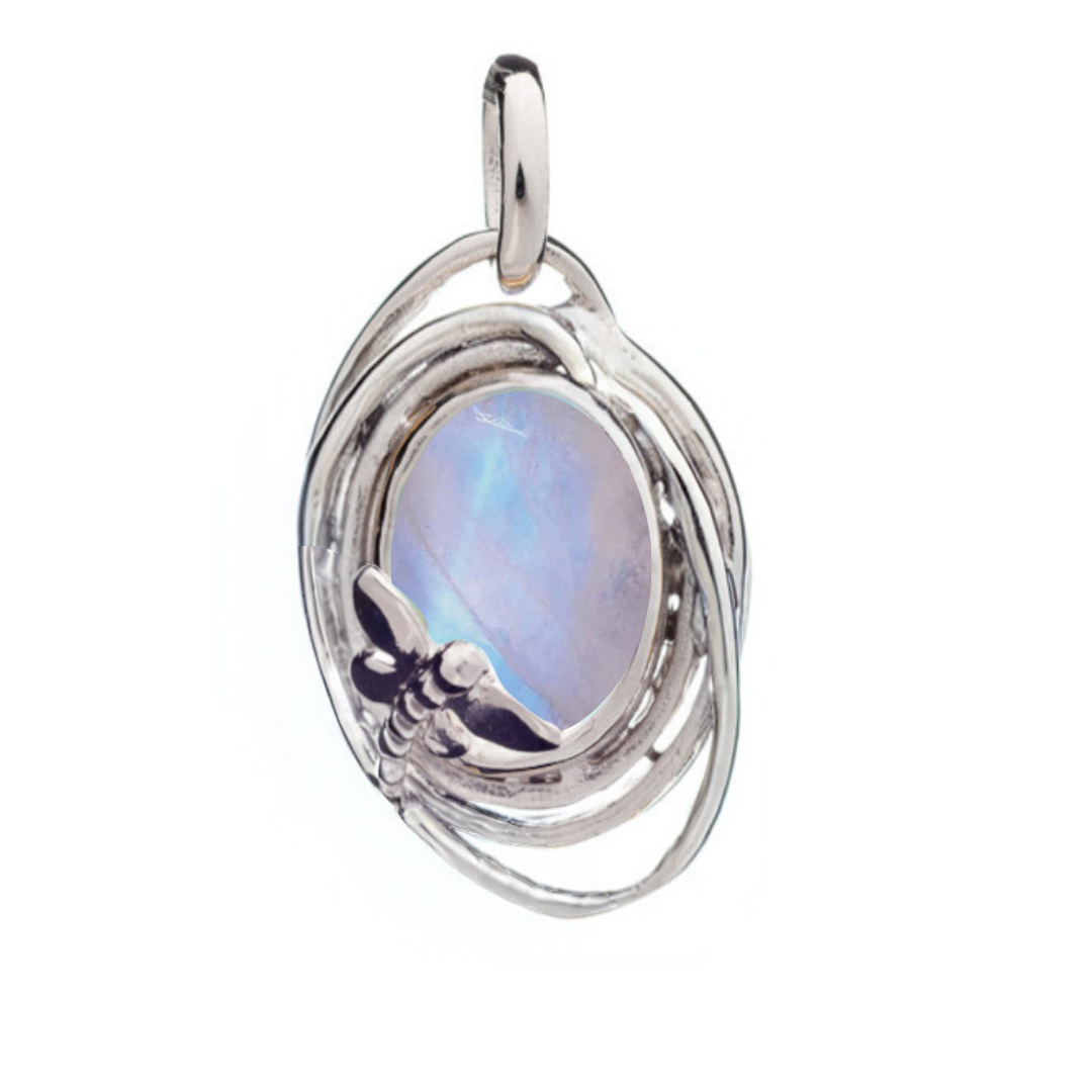 The Lagoon Pendant Small by Gallardo & Blaine Designs features an iridescent oval gemstone at the center, encased in intricate wirework and finished with a small bee accent—an enchanting addition to any collection.