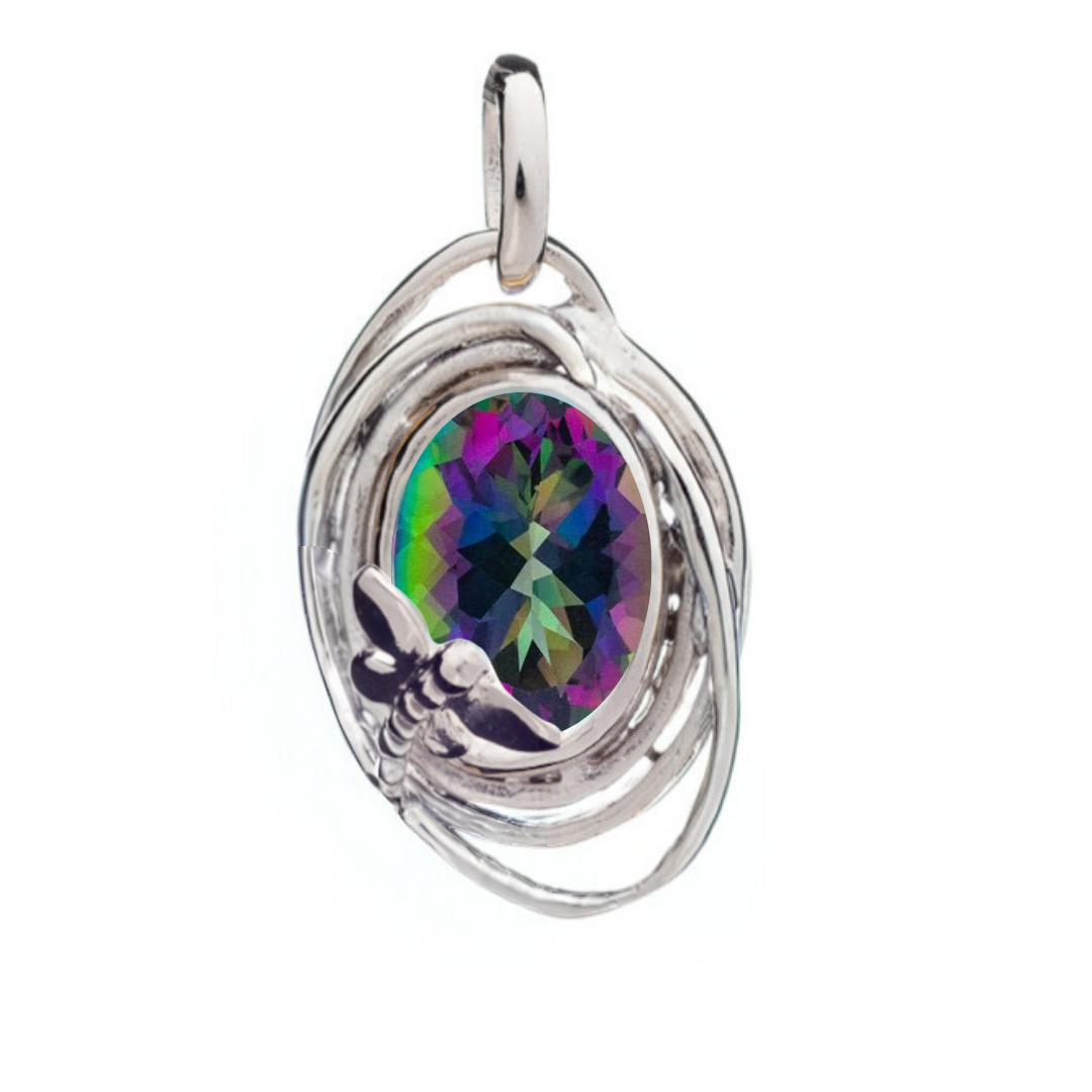 The Lagoon Pendant Small by Gallardo & Blaine Designs features an oval, faceted iridescent gemstone set in a swirling silver frame with an angel wing detail—an elegant addition to any jewelry collection.