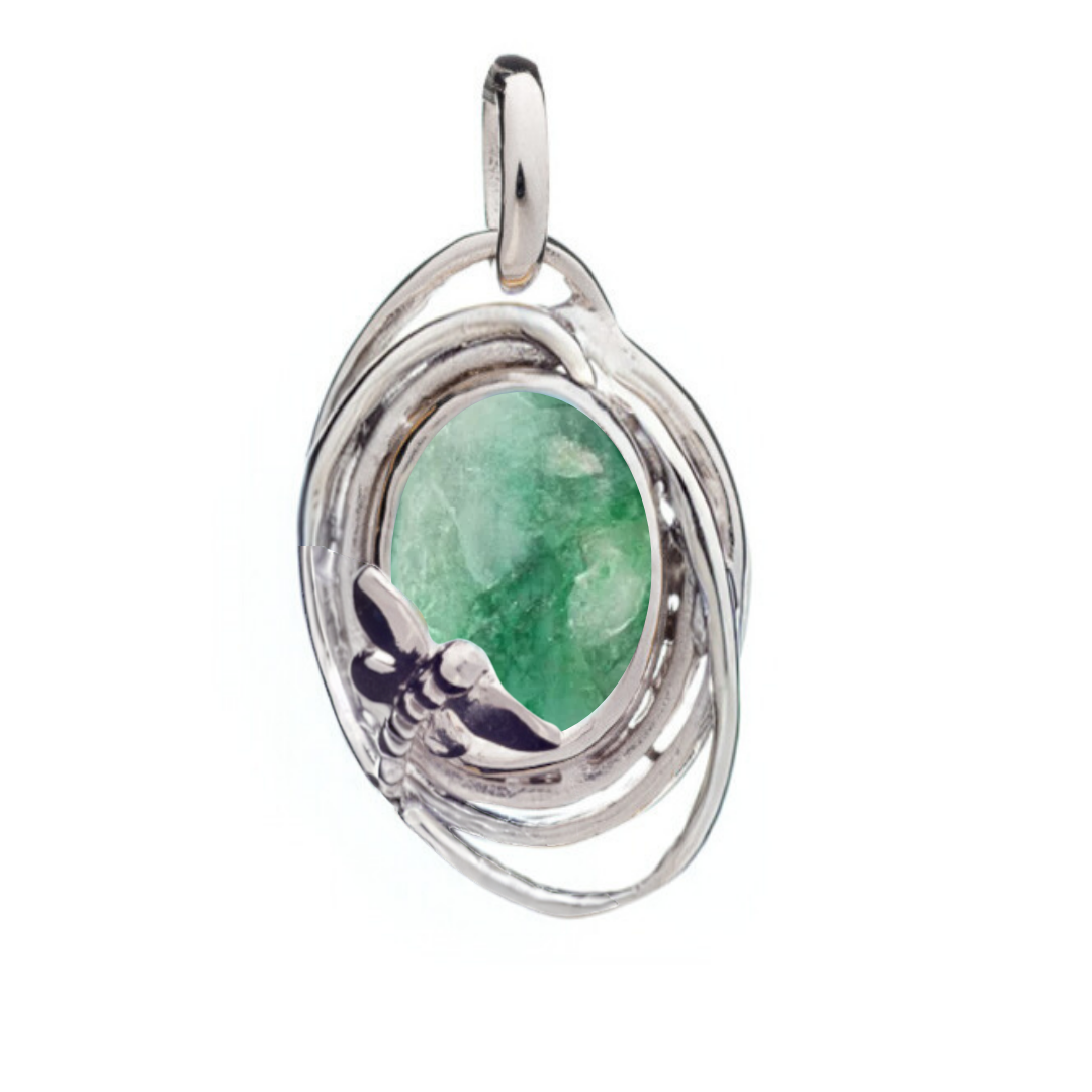 The Lagoon Pendant Small by Gallardo & Blaine Designs features a green oval gemstone centered in swirling silver with a delicate silver butterfly accent beneath.