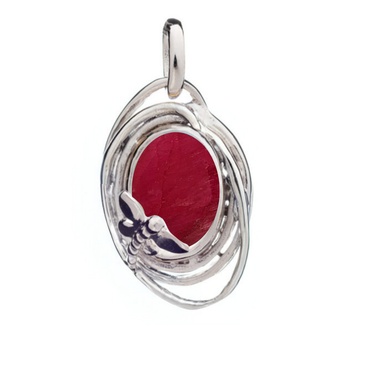 The Lagoon Pendant Small by Gallardo & Blaine Designs features a silver setting with an oval red gemstone center, intricate wirework, and a butterfly motif at the base.