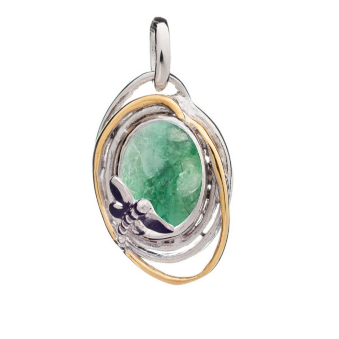 The Lagoon Pendant Small by Gallardo & Blaine Designs features an oval gemstone center, wrapped in silver and gold-tone loops, with a delicate silver bee accent. Available in various gemstones.