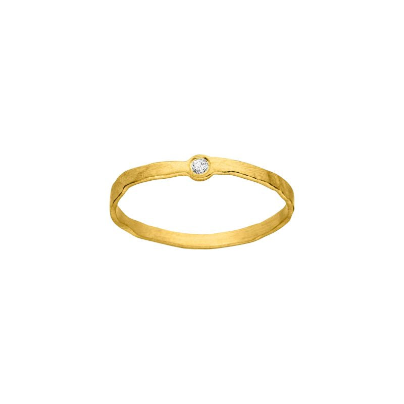 The Tezer Matt Organic Shape Fine Gold Ring features a slim 14ct yellow gold band with a subtle texture and an organic shape, highlighted by a small round white diamond at the center.