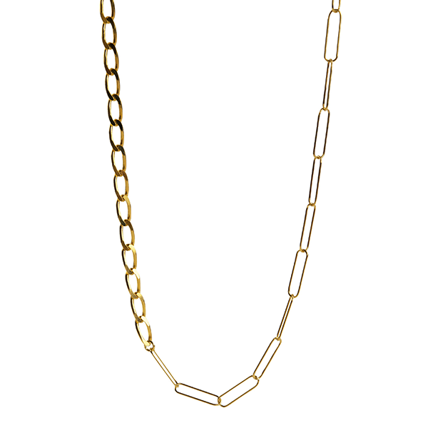 The Bonvo Mixed Links Necklace is a gold-plated chain necklace featuring two distinct styles. The left half has oval links, while the right half showcases elongated rectangular links. This sterling silver piece blends the two designs seamlessly at the center.