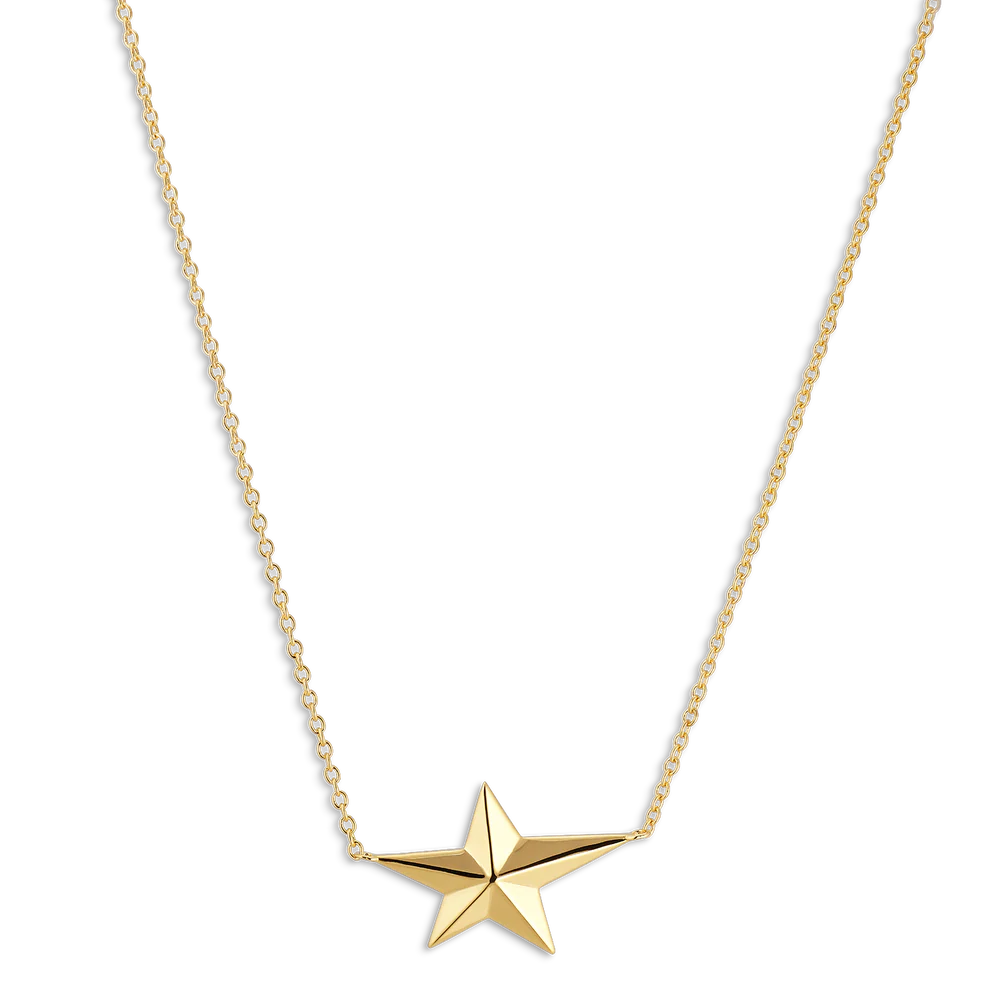 The Night Star Necklace by Jane Koenig features a delicate chain and a shiny five-pointed star pendant, crafted in 18k gold-plated 925 sterling silver and set against a white background.