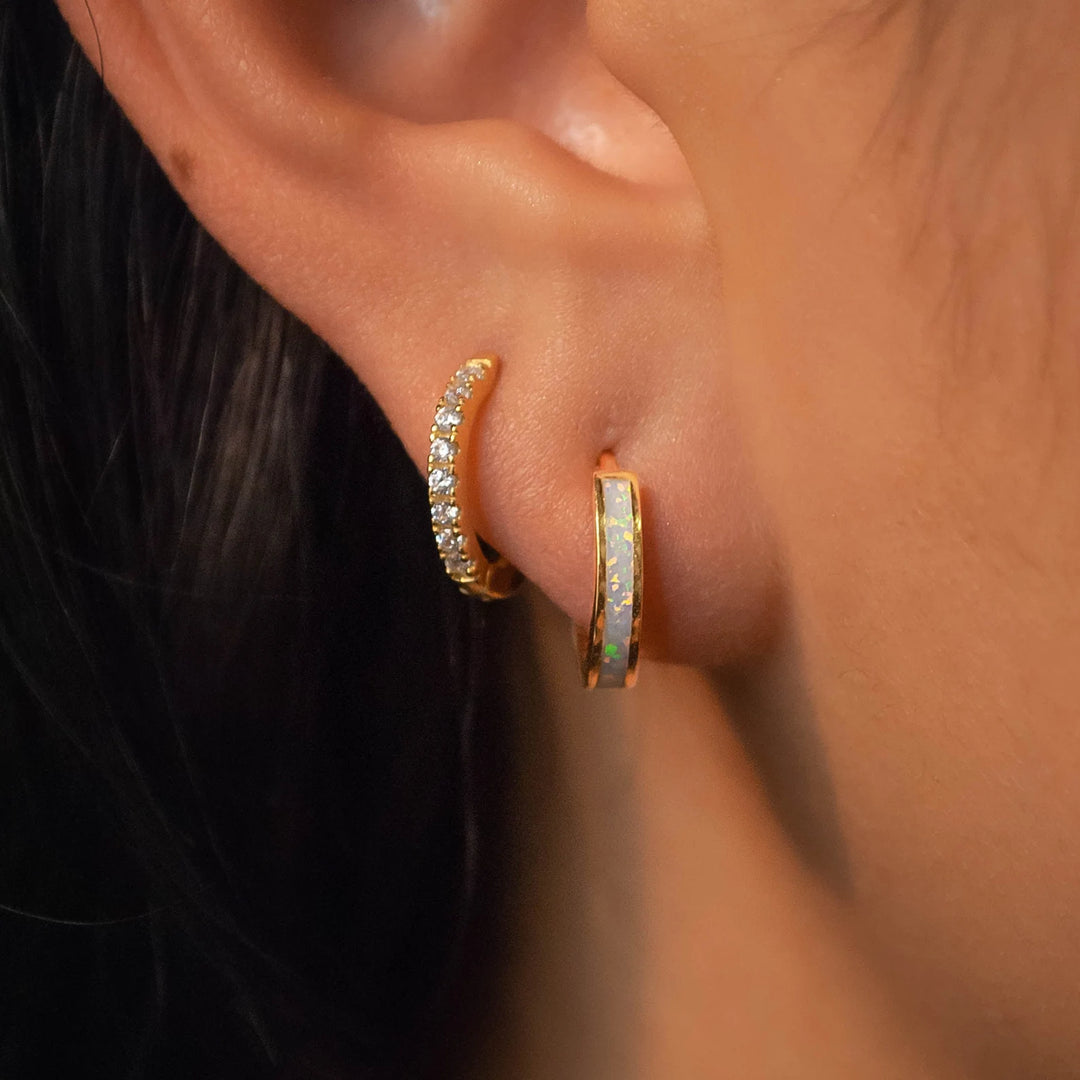 Opal Inlay Huggie Hoop Earrings Gold