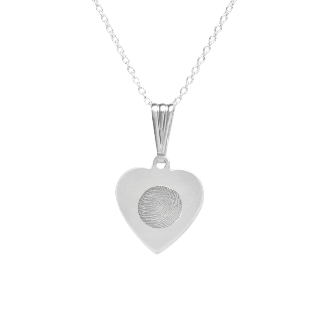 The Engraved Fingerprint Pendant by Personalised Charms is a silver heart-shaped necklace featuring a detailed fingerprint engraving, displayed on a delicate chain—an ideal personalised gift shown against a plain white background.