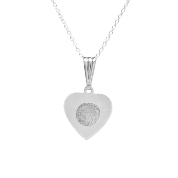 The Engraved Fingerprint Pendant by Personalised Charms is a silver heart-shaped necklace featuring a detailed fingerprint engraving, displayed on a delicate chain—an ideal personalised gift shown against a plain white background.