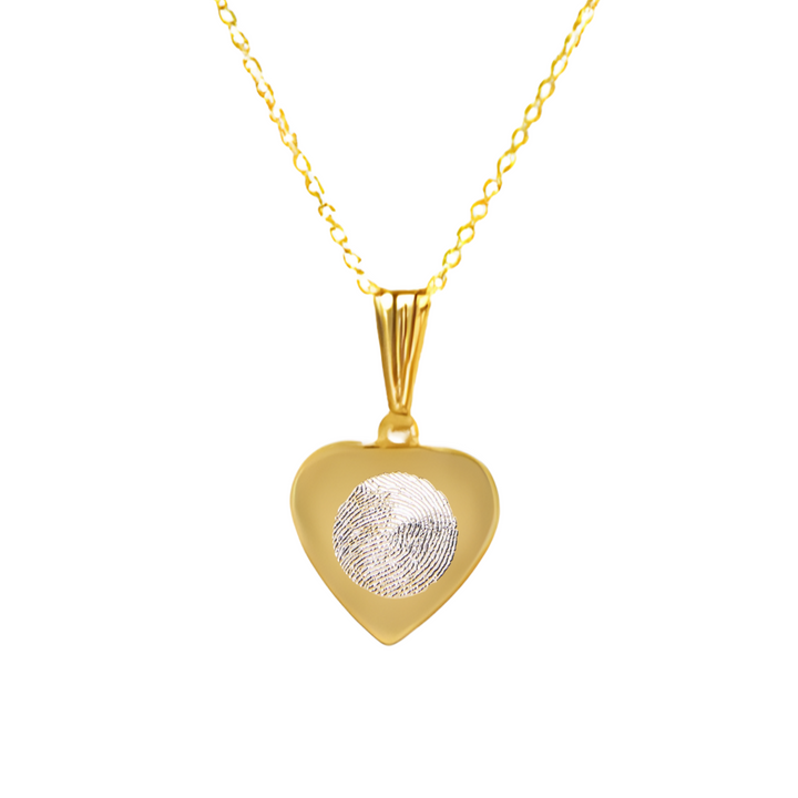 The Engraved Fingerprint Pendant by Personalised Charms is a gold, heart-shaped necklace featuring a central fingerprint design—an ideal personalised gift, showcased elegantly on a plain white background.