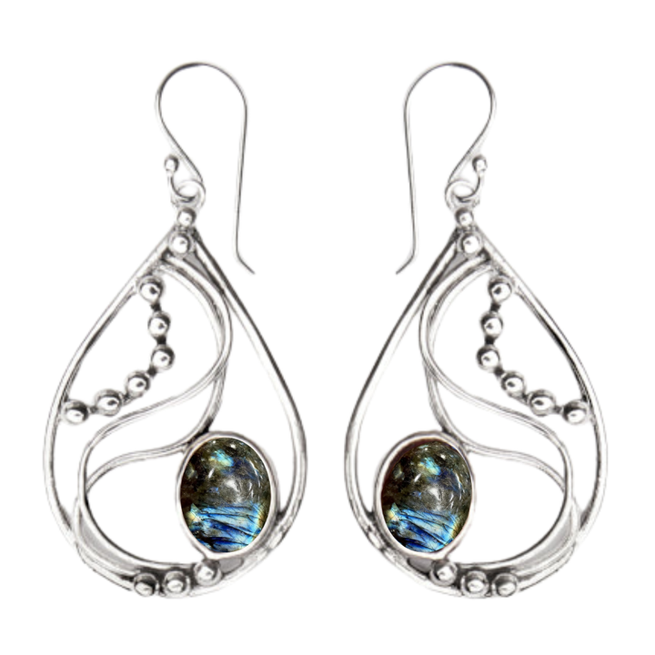 The Phoenix Earrings by Gallardo & Blaine Designs feature teardrop-shaped sterling silver with swirling lines, bead accents, and an oval iridescent gemstone set near the bottom center.