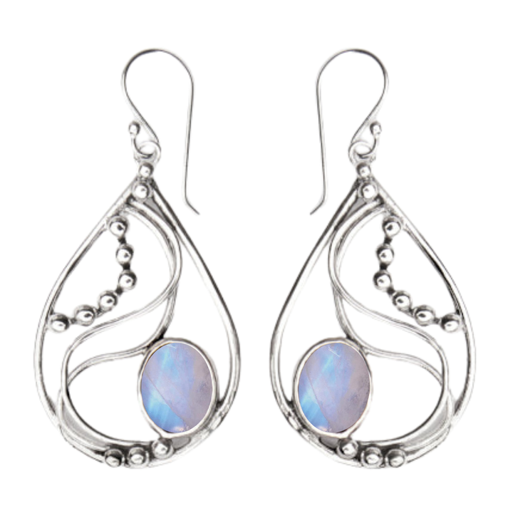 The Phoenix Earrings by Gallardo & Blaine Designs feature sterling silver teardrop dangles with intricate swirls, bead accents, and an oval iridescent gemstone set at the bottom of each earring.