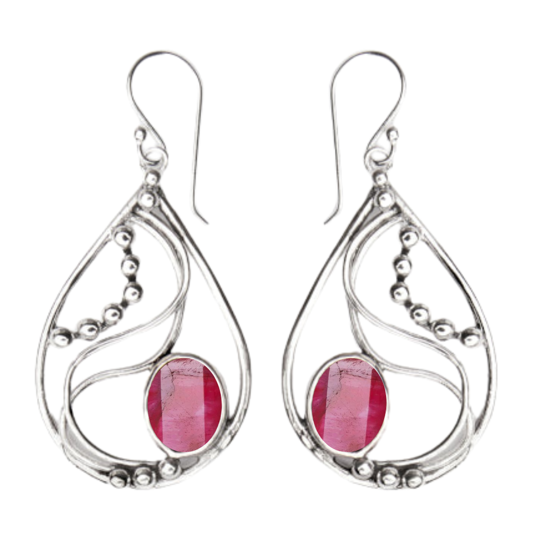 The Phoenix Earrings by Gallardo & Blaine Designs feature sterling silver teardrop frames, silver bead accents, and pink oval gemstones set near the base of each earring.