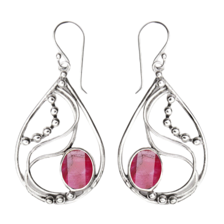 The Phoenix Earrings by Gallardo & Blaine Designs feature sterling silver teardrop frames, silver bead accents, and pink oval gemstones set near the base of each earring.