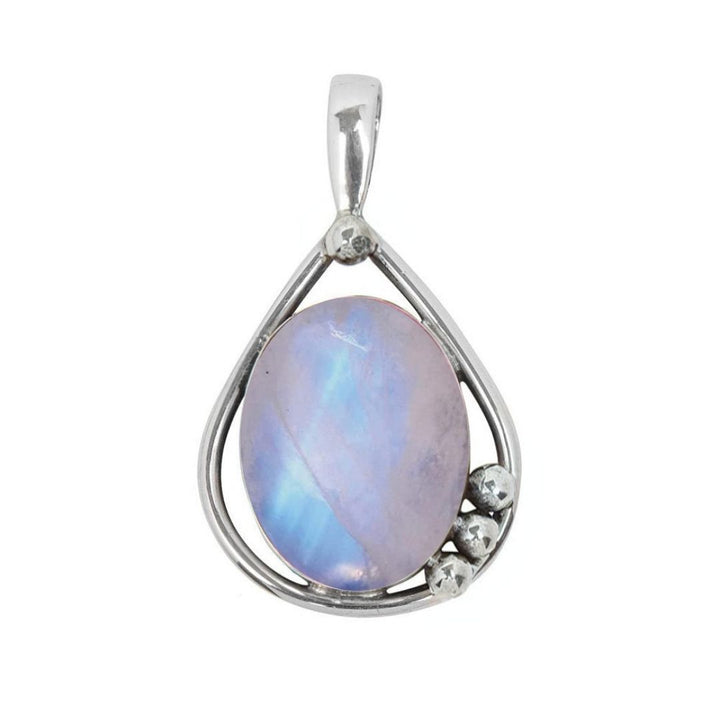The Poppy Pendant Small by Gallardo & Blaine Designs features a teardrop gemstone in sterling silver, accented with three small silver beads at the bottom right. Available in various gemstones.