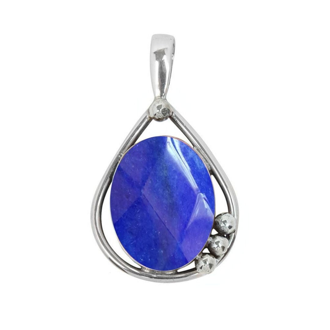 The Poppy Pendant Small by Gallardo & Blaine Designs features a teardrop-shaped sterling silver design with an oval blue gemstone at the center and three small silver beads clustered at the bottom right.