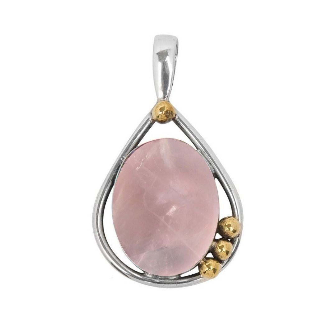 The Poppy Pendant Small by Gallardo & Blaine Designs features a pink teardrop gemstone set in sterling silver and gold, accented with three small gold beads on one side.