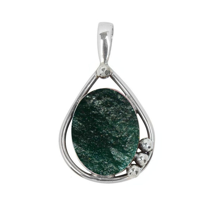 The Poppy Pendant Small by Gallardo & Blaine Designs features a teardrop-shaped sterling silver setting with an oval dark green gemstone and three silver ball accents—a timeless addition to any jewelry collection.