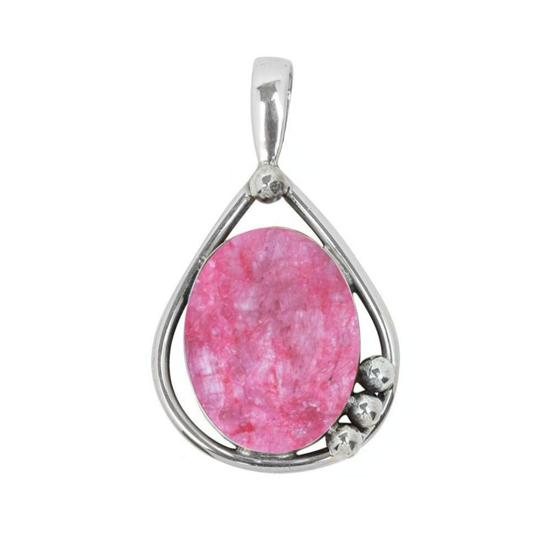 The Poppy Pendant Small by Gallardo & Blaine Designs features a teardrop shape in sterling silver and gold, set with an oval pink gemstone at the center and accented by three silver beads at the bottom right.
