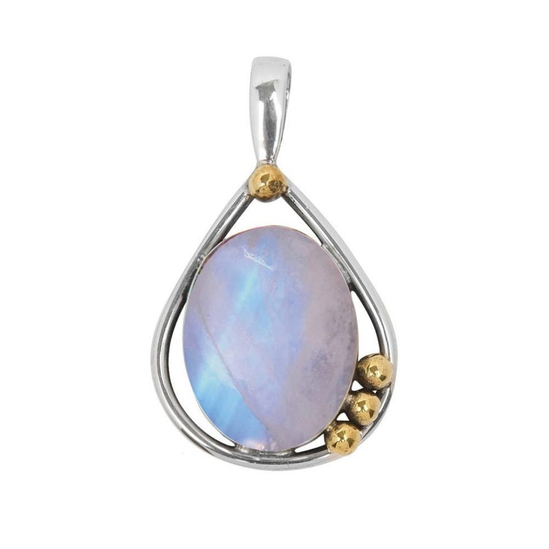 The Poppy Pendant Small by Gallardo & Blaine Designs features a teardrop-shaped oval in sterling silver and gold, with a large iridescent gemstone center and four small gold beads on one side.