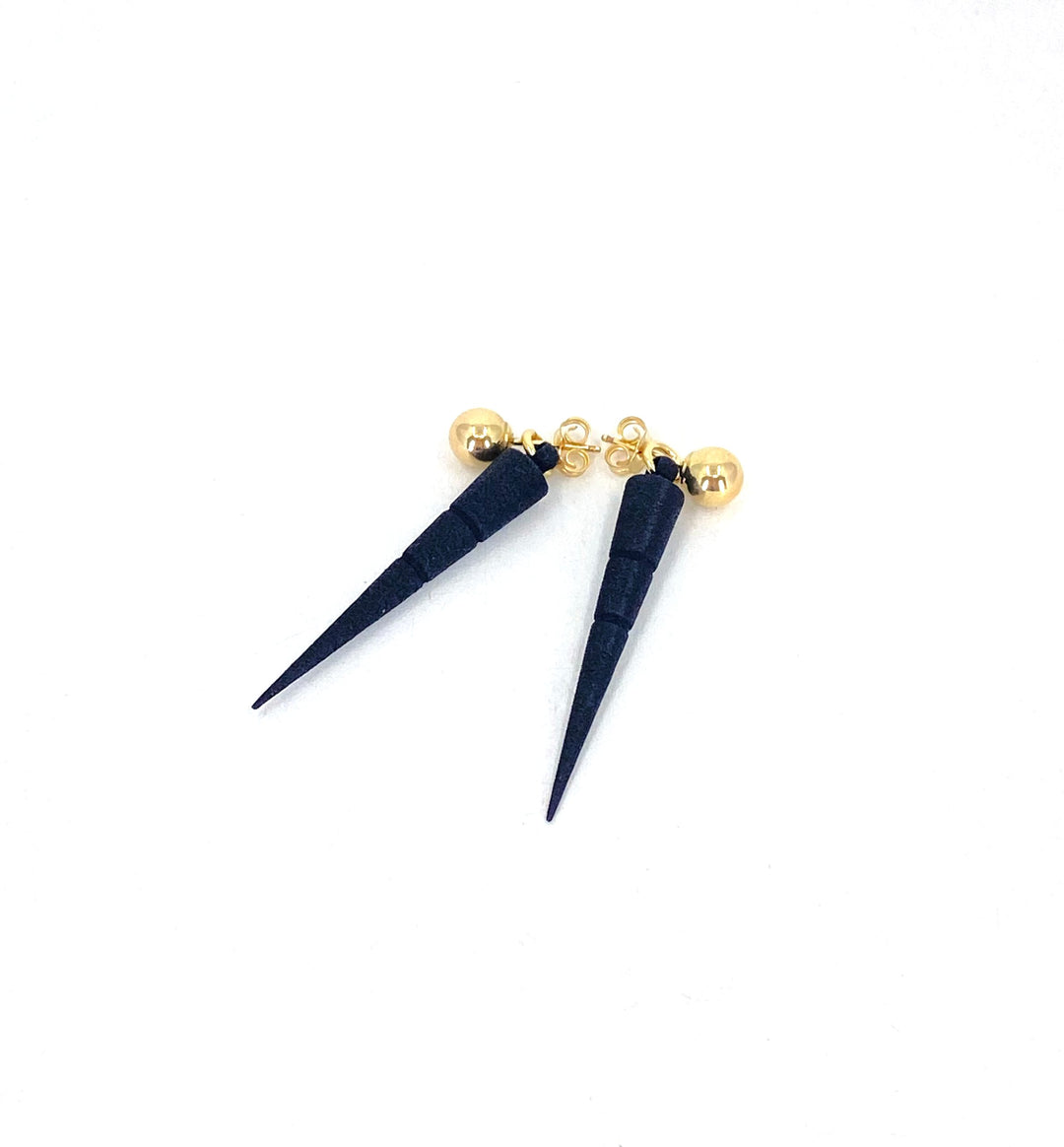 Elsiem's Rapture Sabre Earrings feature 14K gold-filled spherical studs and long, black, SLS nylon cone dangles, shown against a white background.