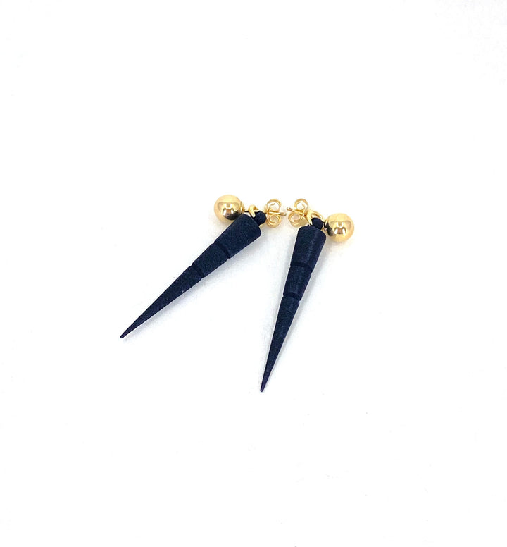 Elsiem's Rapture Sabre Earrings feature 14K gold-filled spherical studs and long, black, SLS nylon cone dangles, shown against a white background.