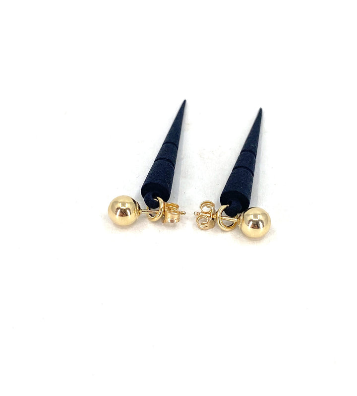 The Rapture Sabre Earrings by Elsiem feature 14K gold filled ball studs with dangling black, cone-shaped SLS nylon pendants, displayed on a white background.