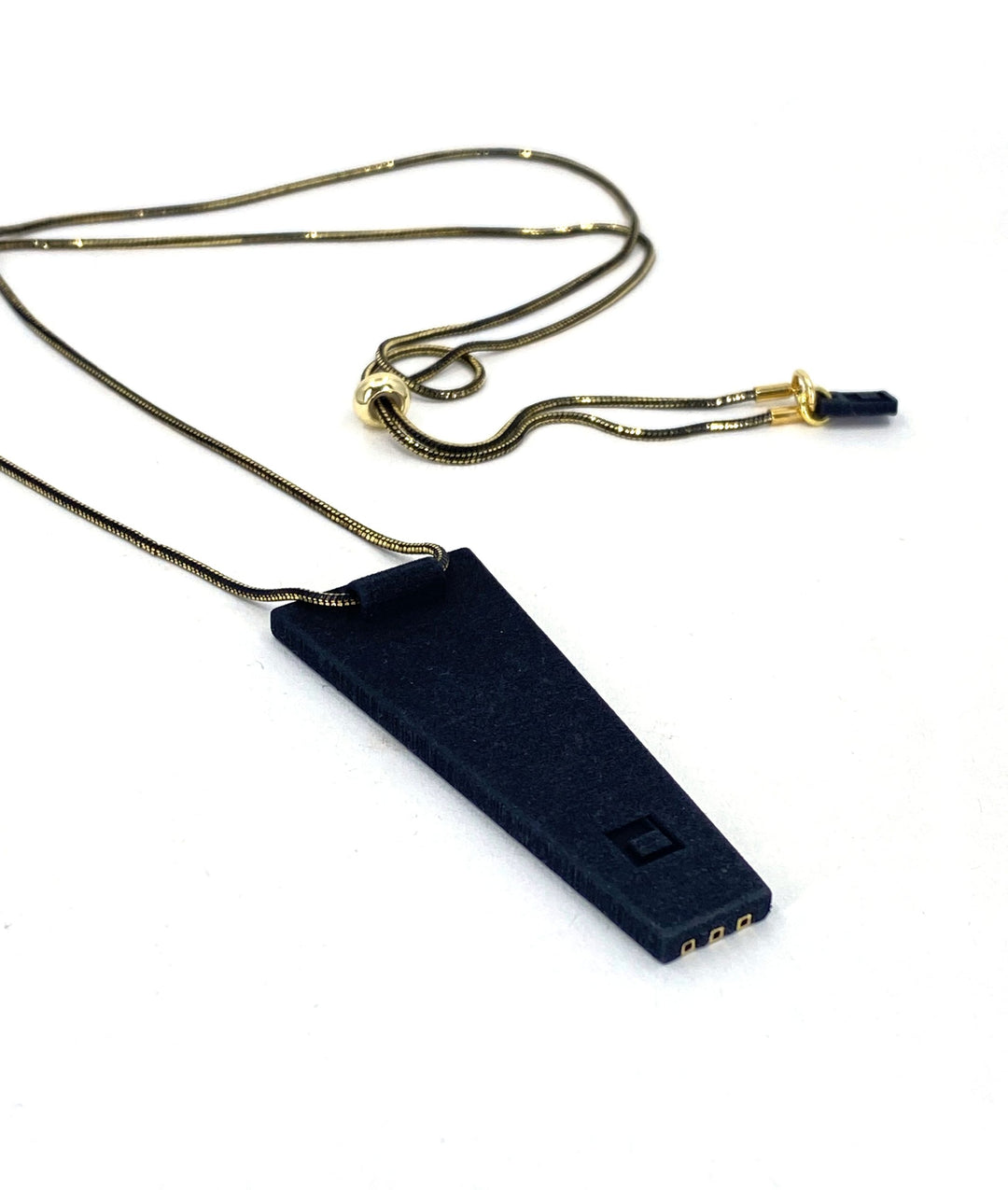 The Elsiem Rapture Warrior Necklace features a modern black and gold snake chain with a 3D printed trapezoid pendant and three gold connectors at the bottom, shown on a white background.