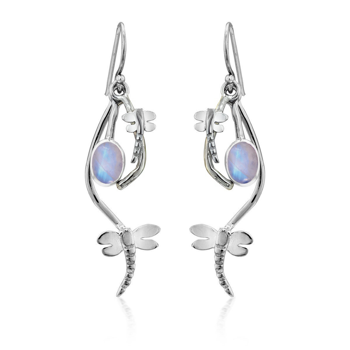 Ripple Earrings by Gallardo & Blaine Designs feature sleek sterling silver dragonflies with oval iridescent gemstones at the center. Modern design, delicate curves, and fine details make these earrings a striking accessory.
