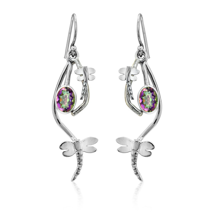 The Ripple Earrings by Gallardo & Blaine Designs feature oval, multicolored gemstones and sterling silver dragonfly accents, offering a whimsical, elegant touch to any look.