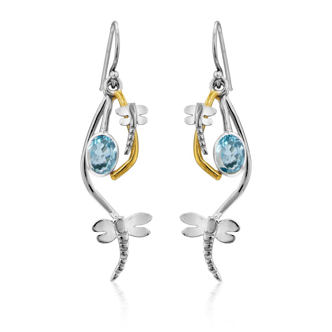 Ripple Earrings by Gallardo & Blaine Designs feature silver and gold dragonfly dangles with central oval blue gemstones for a striking look.