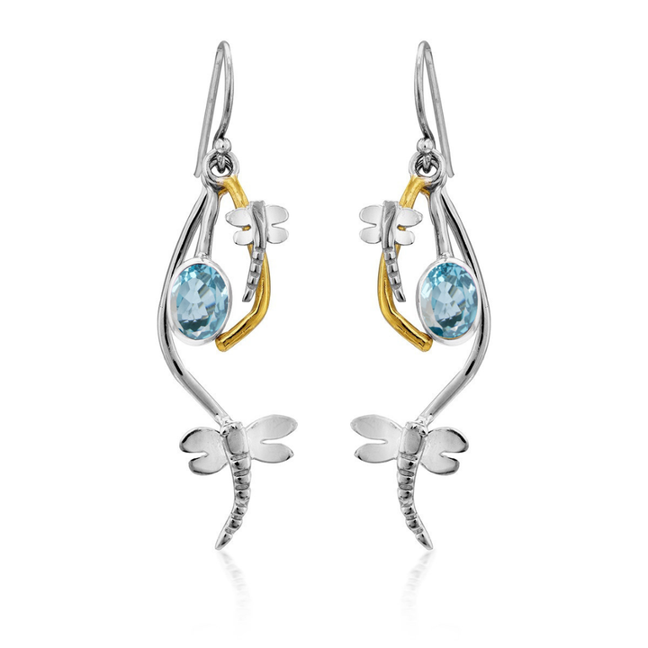 Ripple Earrings by Gallardo & Blaine Designs feature silver and gold dragonfly dangles with central oval blue gemstones for a striking look.