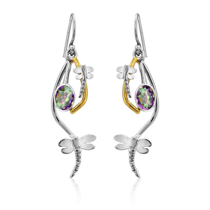 The Ripple Earrings by Gallardo & Blaine Designs are sterling silver dragonfly-shaped earrings with oval, multicolored gemstones and gold accents on the wings and body.