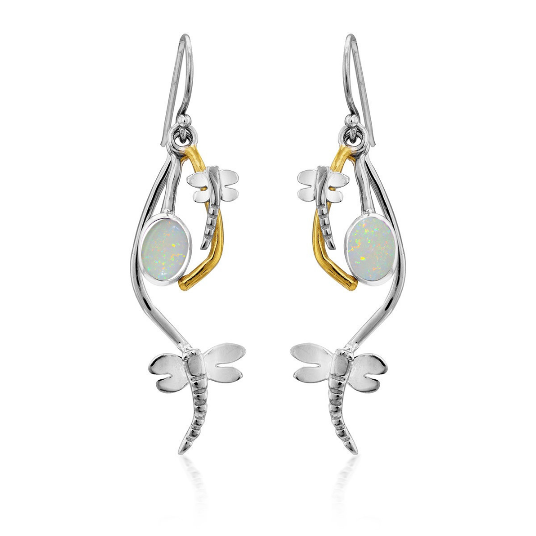 The Ripple Earrings by Gallardo & Blaine Designs feature dragonfly and branch motifs in sterling silver and gold, adorned with oval opal gemstones—blending nature-inspired elegance with timeless style.