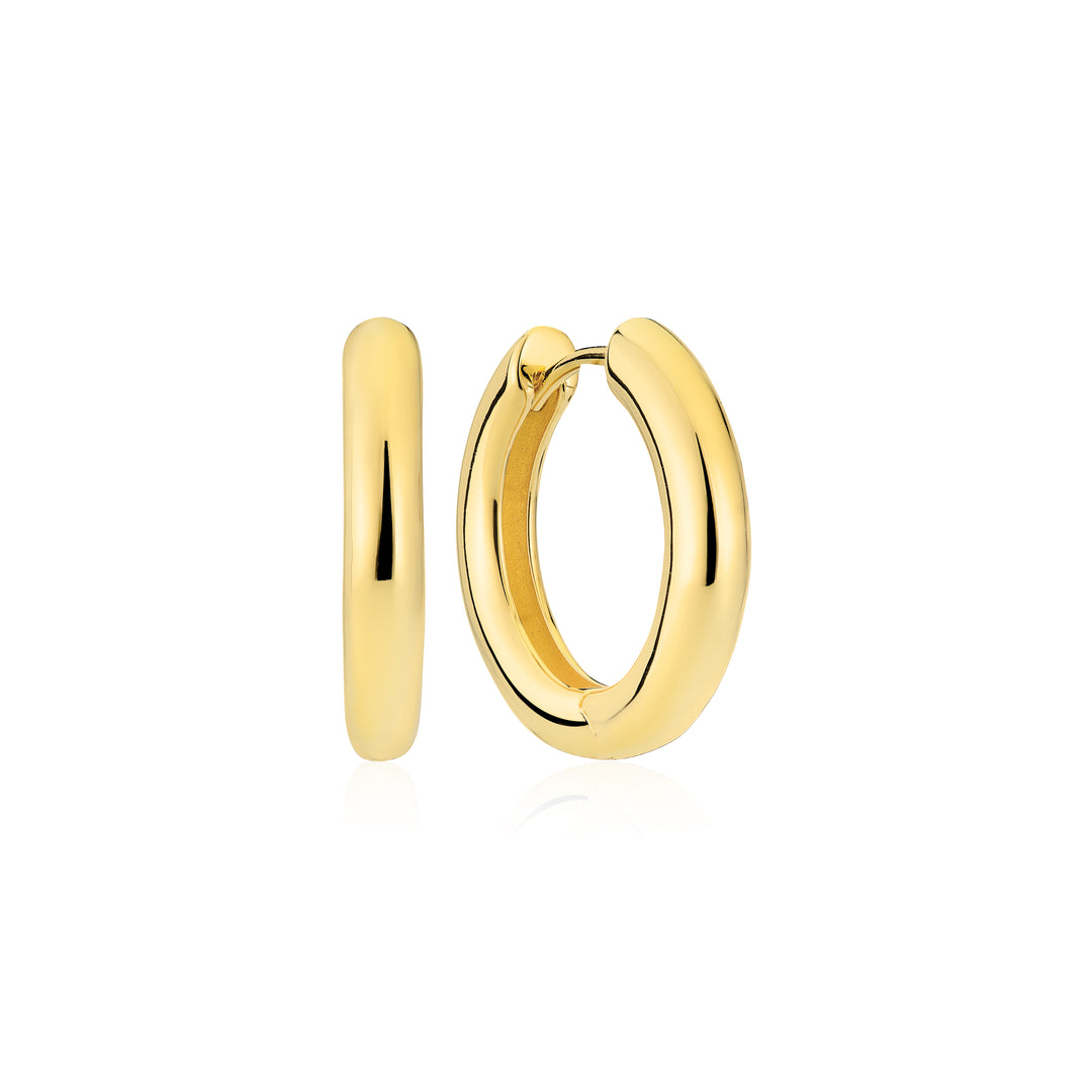 A pair of Sif Jacobs Carrara Pianura gold-plated hoop earrings is displayed on a white background—one shown from the side, the other highlighting its circular shape and clasp, showcasing elegant design.