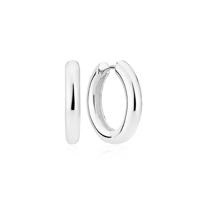 A pair of Sif Jacobs Carrara Pianura sterling silver earrings is displayed against a white background, with one hoop shown from the front and the other from the side.
