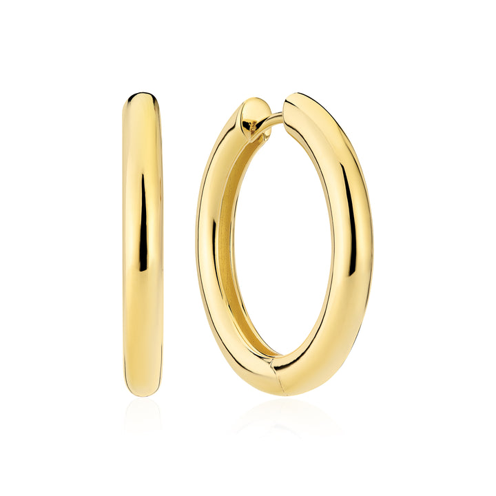 The Sif Jacobs Carrara Pianura Earrings, polished yellow gold hoops, are displayed from front and side angles against a white background—a striking piece for any gold plated jewellery collection.