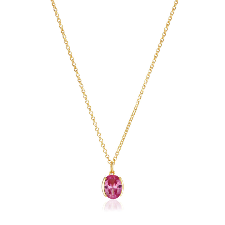 The Sif Jacobs Ellisse Carezza Necklace is an 18k gold plated piece with a petite oval pink gemstone pendant in a simple gold bezel, shown on a white background.