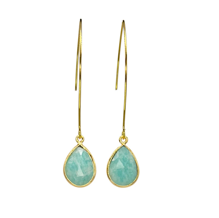 The Sea Foam Earrings by Aria V feature teardrop-shaped, faceted amazonite gemstones in thin gold bezels with long, slender ear wires—a stunning piece of handcrafted jewelry.