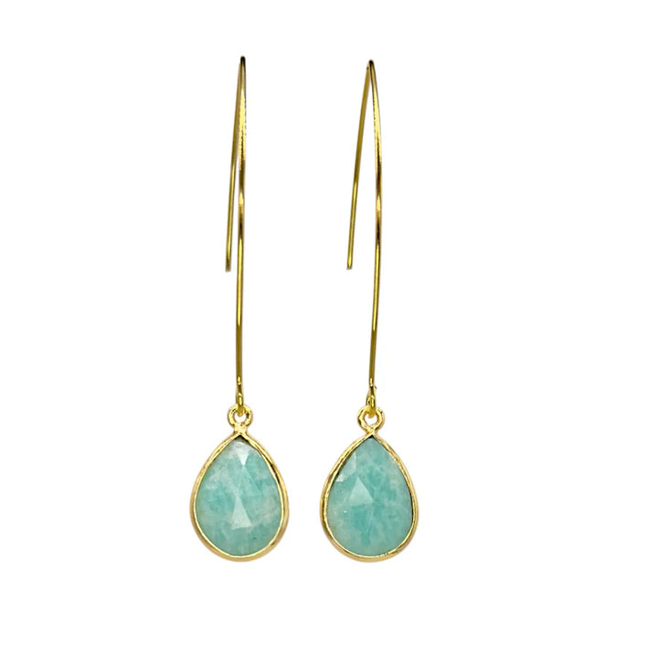 The Sea Foam Earrings by Aria V feature teardrop-shaped, faceted amazonite gemstones in thin gold bezels with long, slender ear wires—a stunning piece of handcrafted jewelry.