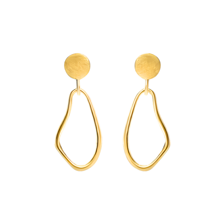 The Sea Honey Drop Earrings by Gallardo & Blaine Designs feature small, round gold vermeil studs with abstract open hoops below, displayed on a white background.